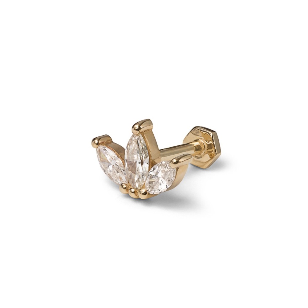 Wildlike Three Diamond Marquise Yellow Gold Threaded Stud